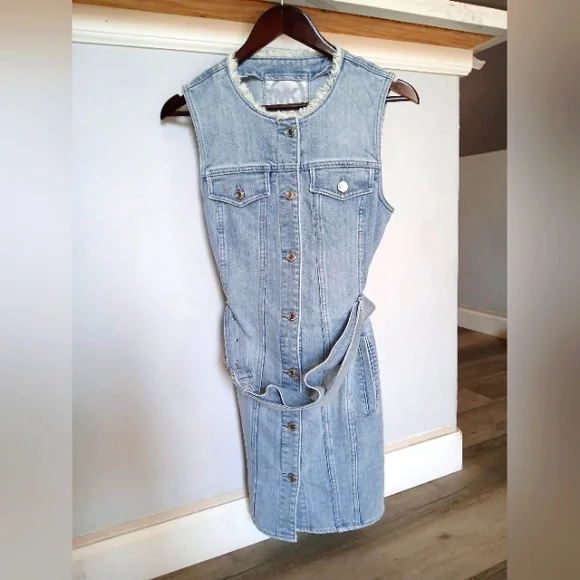 NWOT MICHAEL Michael Kors Frayed Neck Denim Shirt Dress Women's Size 6 - Picture 5 of 11